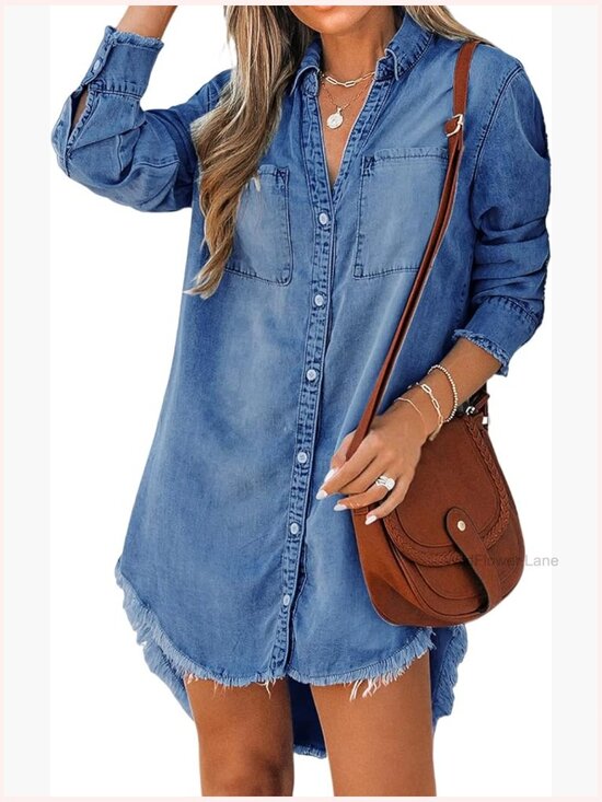 Dresses & Skirts - Long Sleeve Denim Shirt Dress with Pockets Button Down Tunic Top